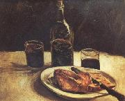 Vincent Van Gogh Still life with a Bottle,Two Glasses Cheese and Bread (nn04) oil painting artist